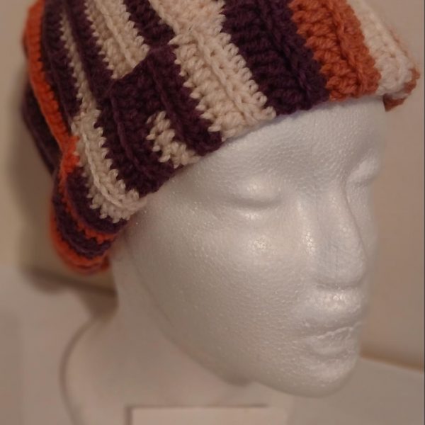 Striped Crocheted Beanie Hat (Pins and Purple)